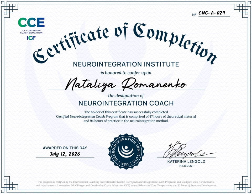 Certified Neurointegration Coach certificate