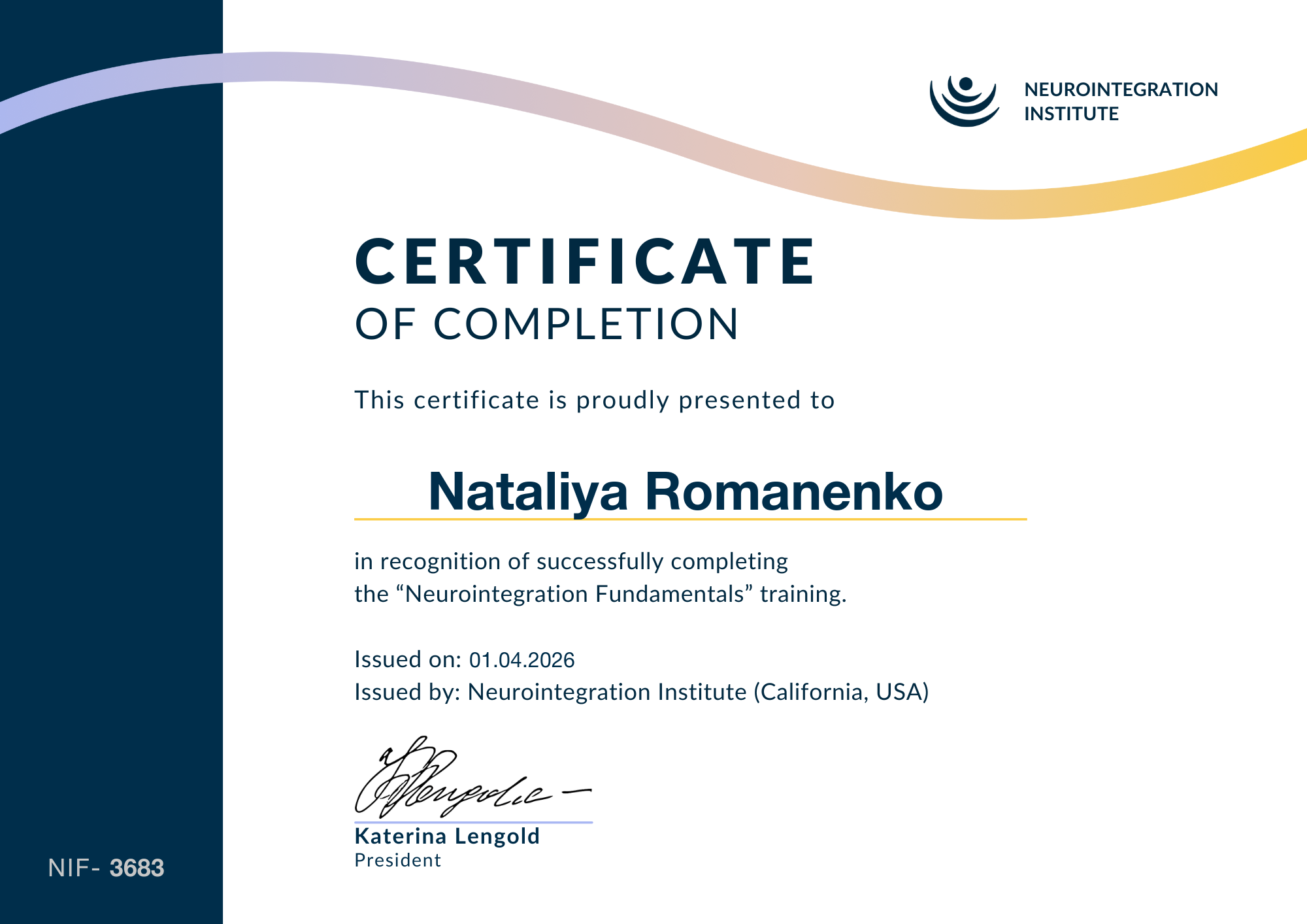 Сертификат Neurointegration Fundamentals