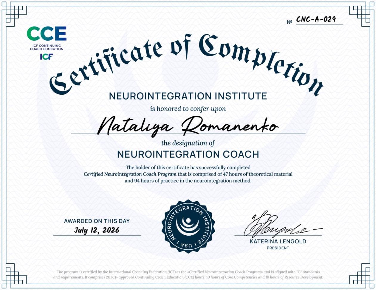 Certified Neurointegration Coach certificate