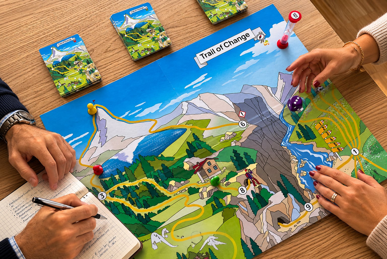 Players around the Trail of Change board: the printed alpine map, wooden markers, dice, card decks and a notebook.