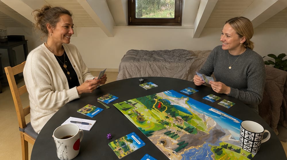 Two players at a Trail of Change session, cards in hand, the board between them.