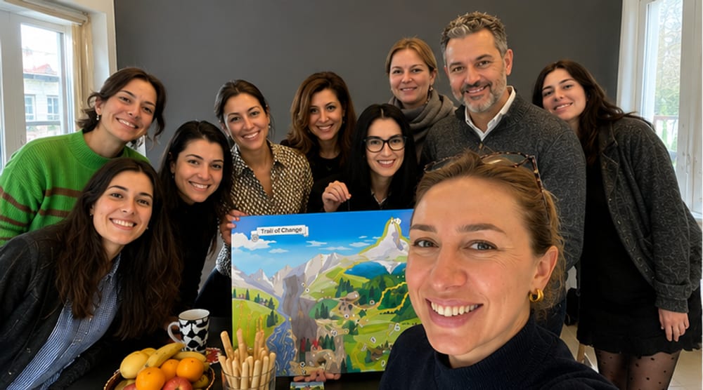 A group of players around the Trail of Change board at the end of a session in Basel.