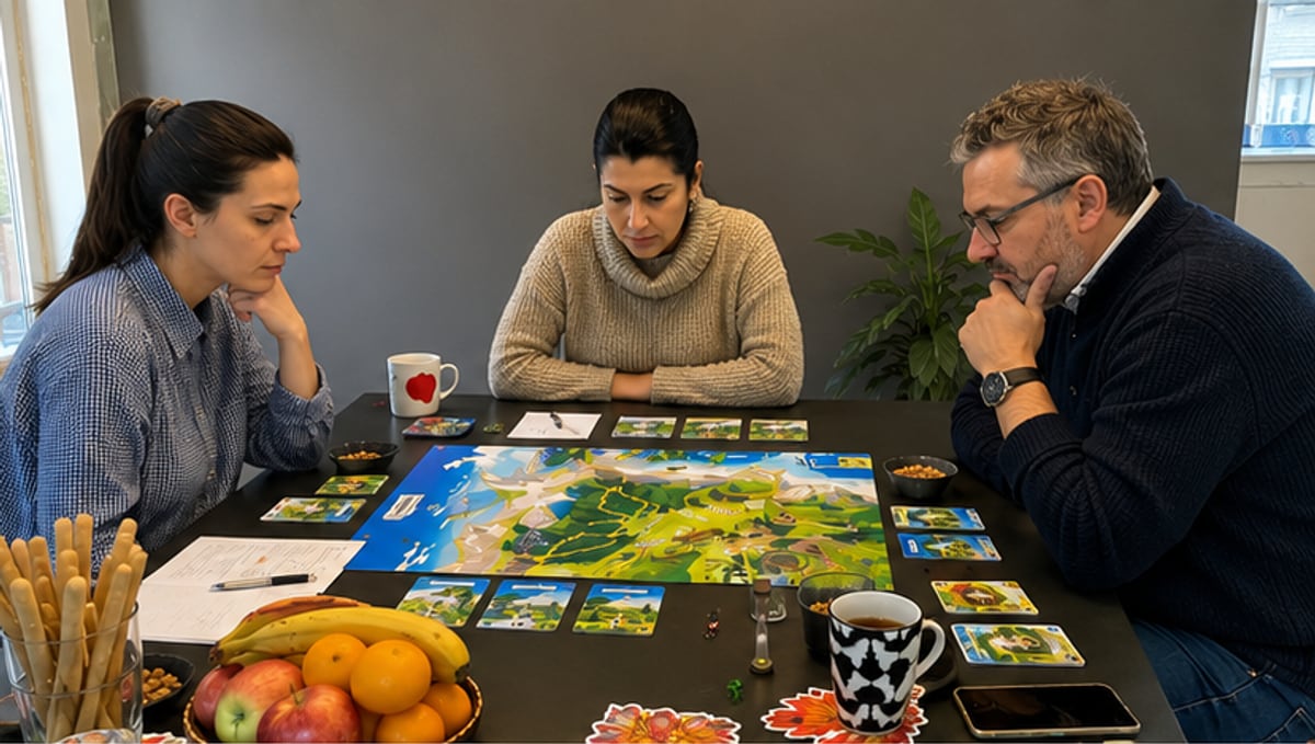 Three players at the table during a Trail of Change session, cards and notes in front of them.